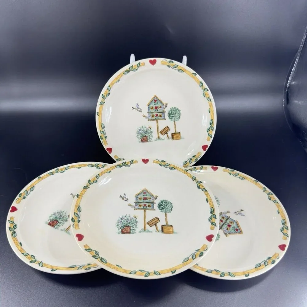 Thomson Pottery Birdhouse Plate Dish Birds Red Hearts Bluejay Set 4 Ceramic‎ 6in